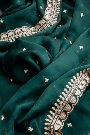 Two side brooder Chinon Saree or Dupatta Green