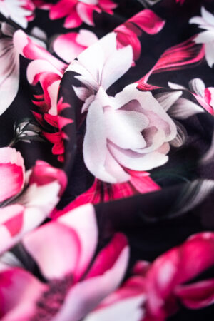 Georgette Black with Pink Flowers Digital Print