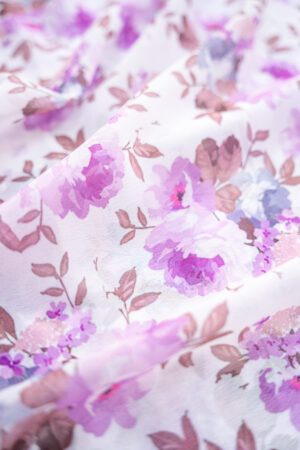 Georgette White with Purple Flower Digital Print