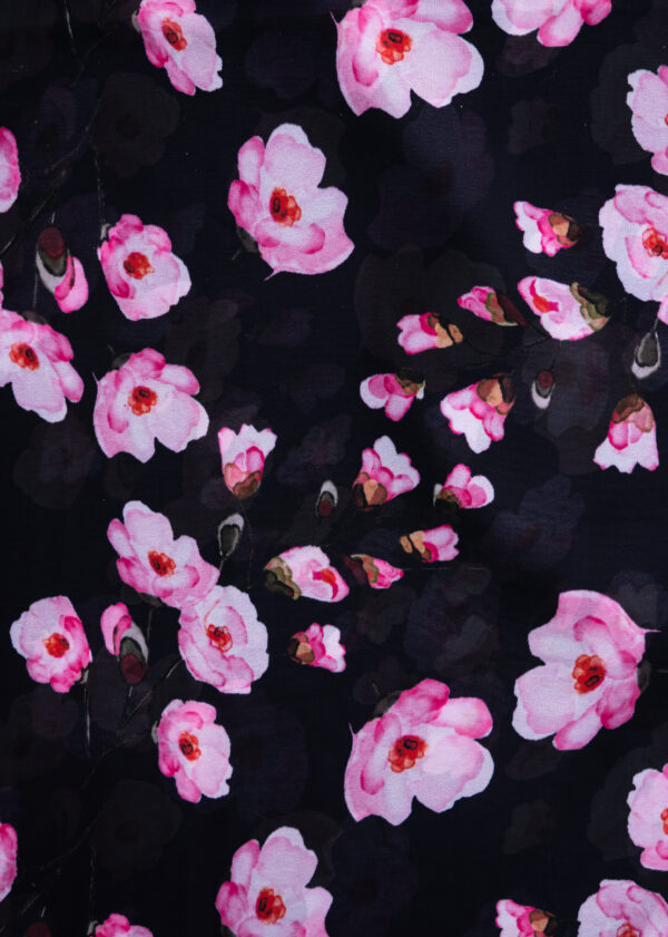 Georgette Black with Pink Flowers Digital Print - Image 2