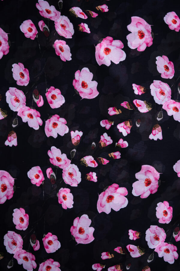 Georgette Black with Pink Flowers Digital Print - Image 3