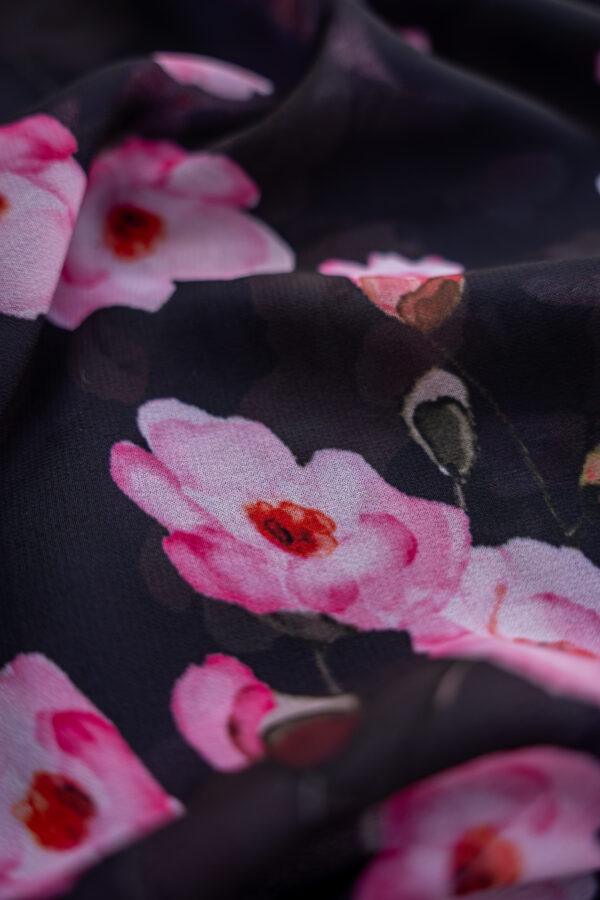 Georgette Black with Pink Flowers Digital Print - Image 4