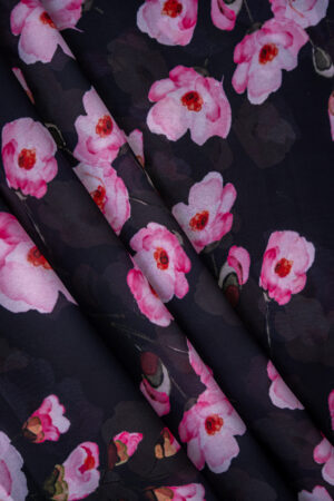 Georgette Black with Pink Flowers Digital Print