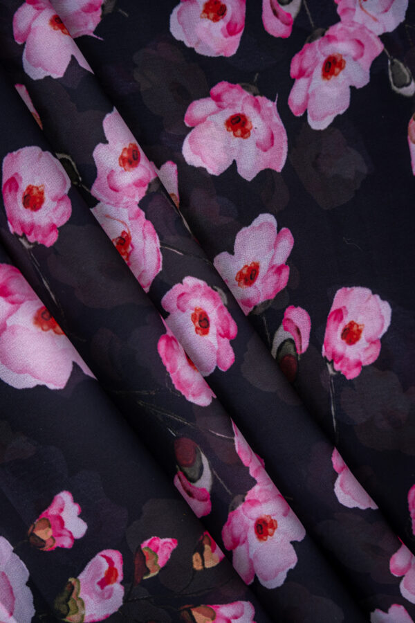 Georgette Black with Pink Flowers Digital Print