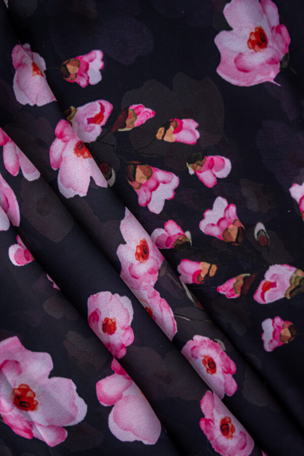 Georgette Black with Pink Flowers Digital Print - Image 6