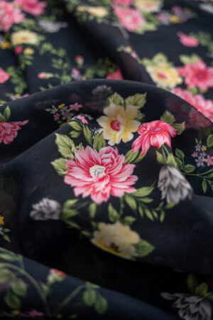 Georgette Black with Pink & Yellow Flower digital Print