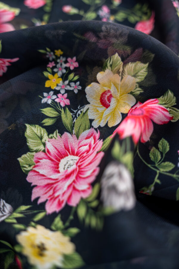 Georgette Black with Pink & Yellow Flower digital Print - Image 7