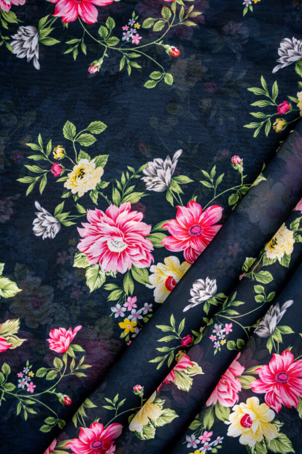 Georgette Black with Pink & Yellow Flower digital Print - Image 2