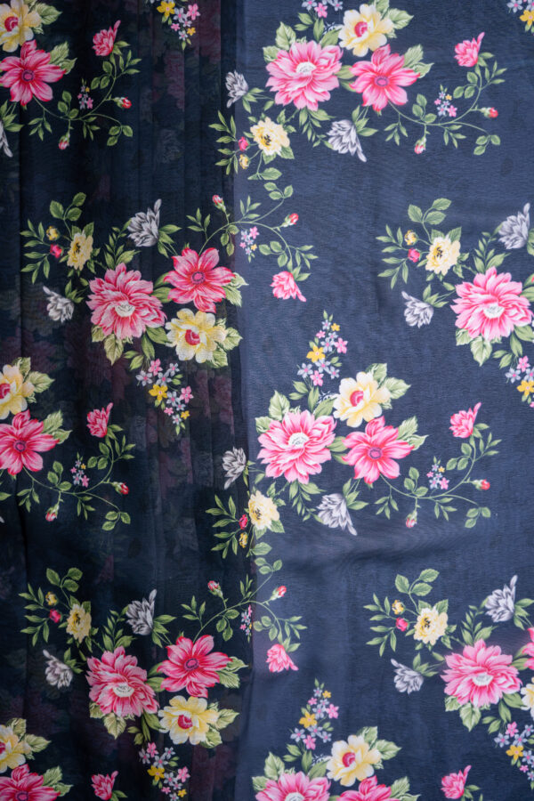 Georgette Black with Pink & Yellow Flower digital Print - Image 8